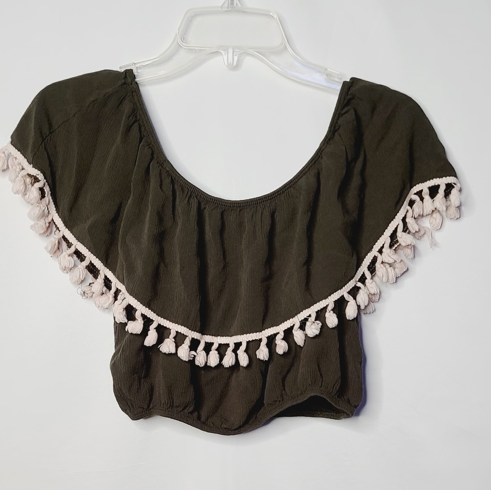 Anthropologie Lavender Field crop tassel blouse M